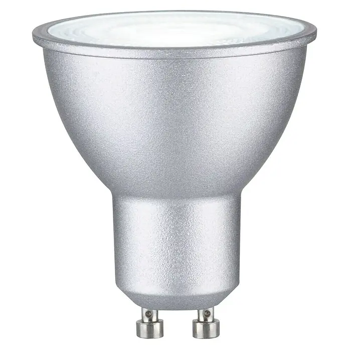 Paulmann Smart-LED-Lampe - GU10, Dimmbar, RGBW, 350 lm, 4,8 W, Chrom - Nahaufnahme einer GU10 LED-Lampe mit silbernem Reflektor und klarem, weißem Lichtaustritt für moderne Beleuchtungslösungen.
