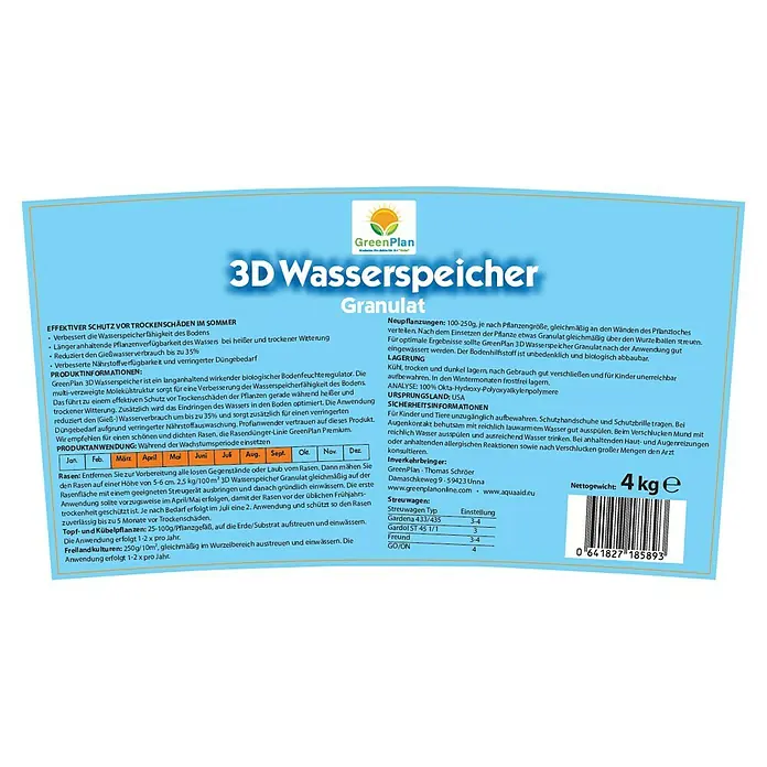 GreenPlan Aqua Aid Wasserspeicher 3D - 4 kg - GreenPlan 3D Wasserspeicher Granulat, effektiver Schutz für trockenes Klima und verbessert die Wasserspeicherfähigkeit des Bodens.
