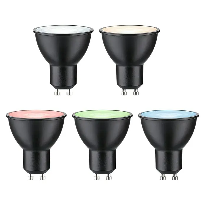 Paulmann Smart-LED-Lampe - GU10, Dimmbar, RGBW, 350 lm, 4,8 W, Schwarz - Das Bild zeigt eine Nahaufnahme von fünf smarten GU10 LED-Lampen, die in verschiedenen Farben leuchten: Weiß, Orange, Rot, Grün und Blau.