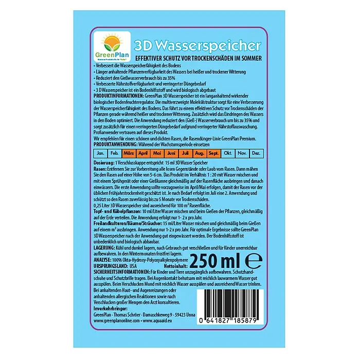 GreenPlan Aqua Aid Wasserspeicher 3D - 250 ml - GreenPlan 3D Wasserspeicher: Effektiver Schutz vor Trockenschäden im Sommer für einen gesunden Rasen und Pflanzen.