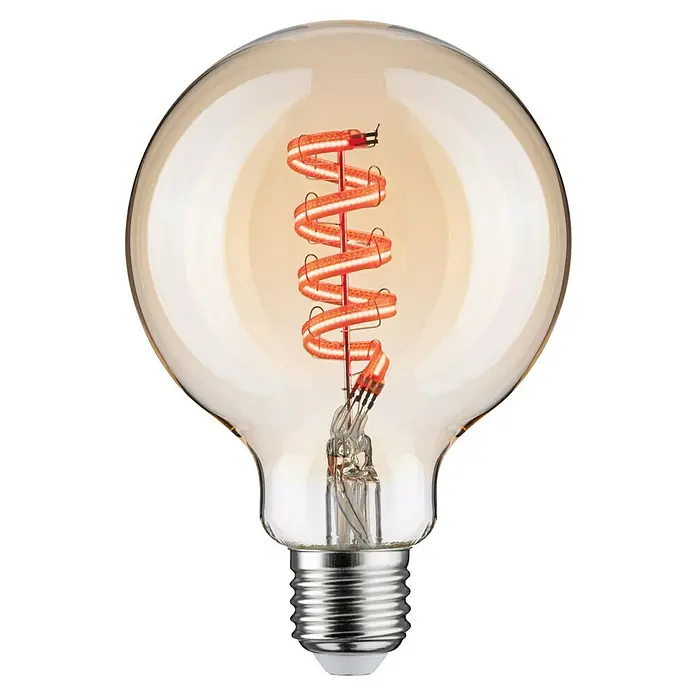 Paulmann Smart-LED-Lampe - E27, Dimmbar, RGBW, 470 lm, 6,3 W, G95, Globe - Nahaufnahme einer dekorativen Vintage-Glühbirne mit einem orangefarbenen Wendelfaden, die ein warmes Licht ausstrahlt.