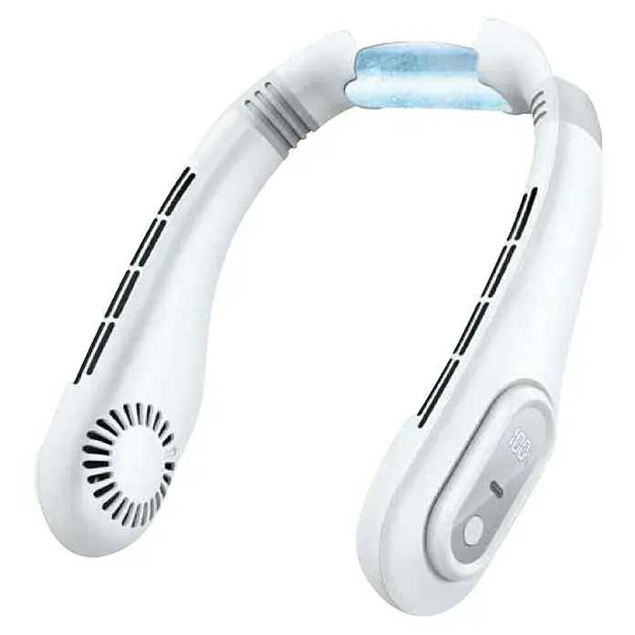 Fulmo Ventilador USB portátil Huracán - Blanco, Altura: 19,5 cm - Ventilador de cuello portátil: Ventilador de cuello portátil blanco con función de refrigeración y pantalla digital para mayor comodidad en días calurosos.