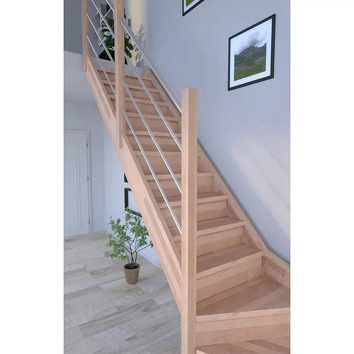 Starwood Raumspartreppe Rhodos - Breite: 80 cm, Buche, Geschosshöhe: 300 cm, 1/4-gewendelt rechts, Montageseite Geländer: Rechts, Geländer Holz/Edelstahl, Mit Setzstufen - Eine moderne Holztreppe mit Stahlgeländer fügt sich nahtlos in ein helles Interieur ein und strahlt schlichte Eleganz und Funktionalität aus.