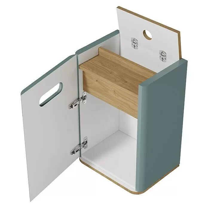 VitrA Sento Halbhochschrank - B x T x H: 40 x 29,5 x 58 cm, Fjordgrün, DIN Anschlag: Links - Offener blau-grauer und weißer Aufbewahrungsschrank mit heller Holzablage und geöffnetem Deckel.