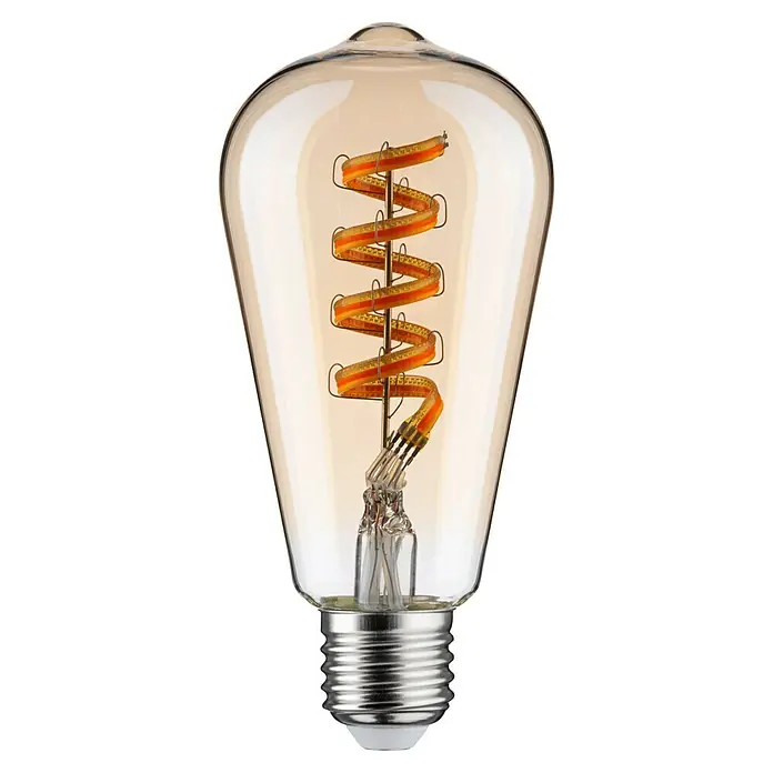 Paulmann Smart-LED-Lampe - E27, Dimmbar, RGBW, 470 lm, 6,3 W, ST64, Tropfen - Nahaufnahme einer dekorativen Edison-Glühbirne mit einem spiralförmigen Glühfaden, der ein warmes, goldenes Licht ausstrahlt.