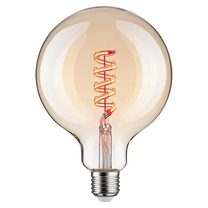 Paulmann Smart-LED-Lampe - E27, Dimmbar, RGBW, 470 lm, 6,3 W, G125, Rund - Nahaufnahme einer dekorativen Vintage-Glühbirne mit Wendelglühfaden, die warmes Licht ausstrahlt und eine nostalgische Atmosphäre schafft.
