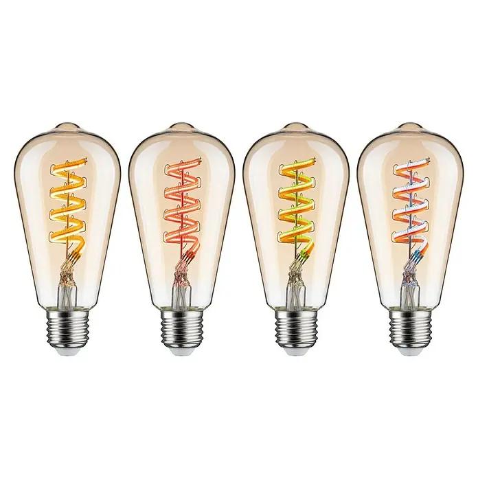 Paulmann Smart-LED-Lampe - E27, Dimmbar, RGBW, 470 lm, 6,3 W, ST64, Tropfen - Vier dekorative Edison-Glühbirnen mit unterschiedlich farbigen Filamenten, die eine warme und einladende Atmosphäre schaffen.