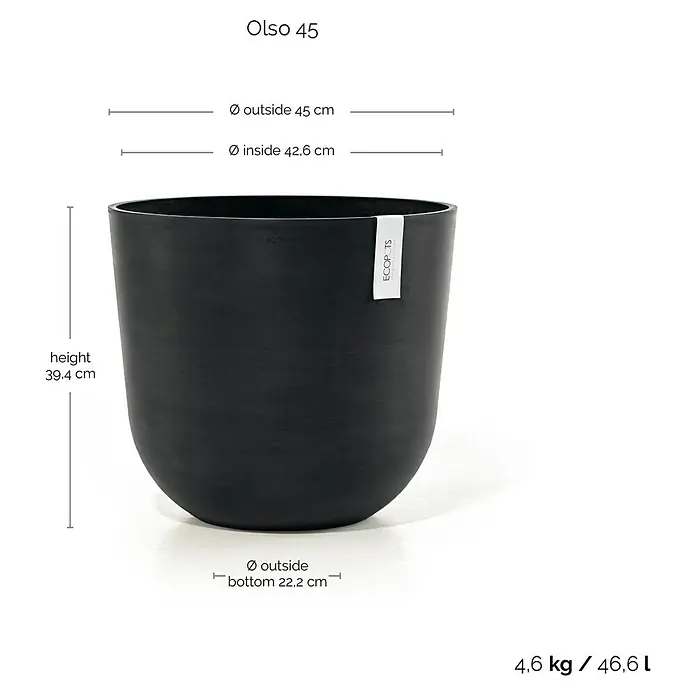 Ecopots Oslo Pflanztopf - Außenmaß (Ø x H): 45 x 39,4 cm, Kunststoff, Dunkelgrau - Abbildung eines schwarzen Olso 45 Blumentopfes mit Maßangaben zu Höhe, Durchmesser oben und unten und Gewicht.