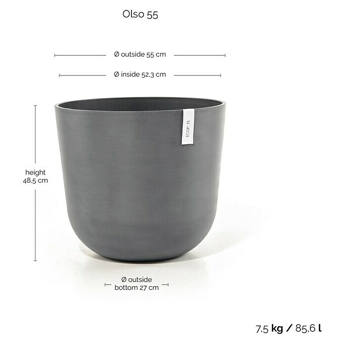 Ecopots Oslo Pflanztopf (Außenmaß (Ø x H): 55 x 48,5 cm, Kunststoff, Grau) | BAUHAUS