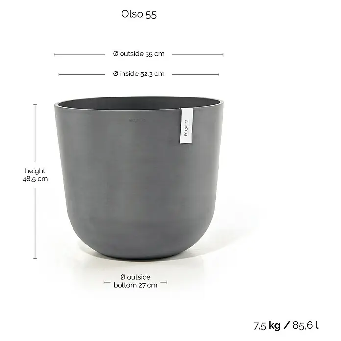 Ecopots Oslo Pflanztopf - Außenmaß (Ø x H): 55 x 48,5 cm, Kunststoff, Grau - Abbildung eines grauen Blumentopfes "Olso 55" mit Maßangaben zu Höhe, Durchmesser oben und unten.