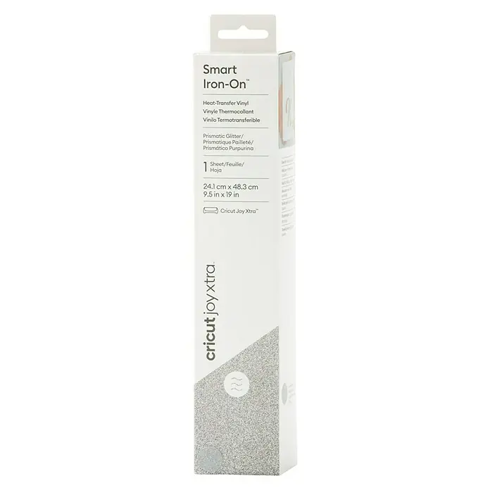 Cricut Joy Xtra Aufbügelfolie Smart Iron-On Prismatic Glitter - Silber, 1 Stk., L x B: 48,3 x 24,1 cm - Eine Packung Cricut Joy Xtra Smart Iron-On Bügelfolie mit prismatischem Glitzer, ideal für individuelle Textilprojekte.