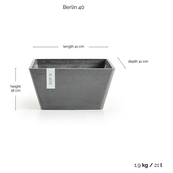 Ecopots Berlin Pflanzschale eckig (Außenmaß (L x B x H): 41 x 41 x 18 cm, Kunststoff, Grau) | BAUHAUS