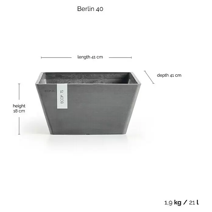 Ecopots Berlin Pflanzschale eckig - Außenmaß (L x B x H): 41 x 41 x 18 cm, Kunststoff, Grau - Dunkelgrauer, quadratischer Pflanzkübel mit sich verjüngenden Seiten, 41 cm breit.