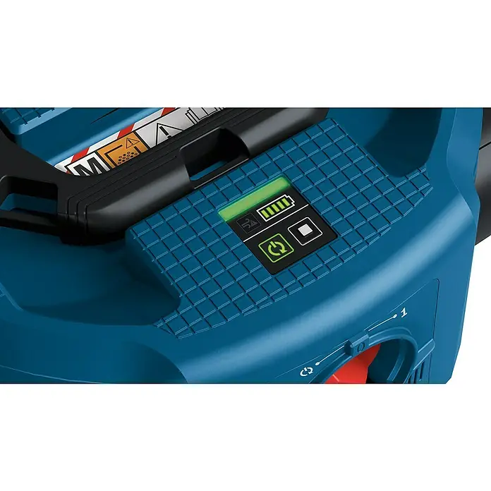 Bosch Professional AMPShare 18V Akku-Nass-Trockensauger GAS 18V-12 MC - Ohne Akku, 18 V, Behältervolumen: 12 l - Nahaufnahme des Bedienfelds eines Bosch-Gartengeräts mit Akkuanzeige, Ein/Aus-Taste und weiteren Bedienelementen.