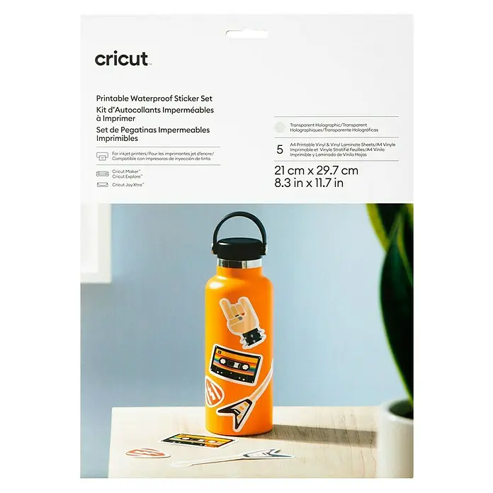 Cricut Aufkleber Set Holografisch Bedruckbar und Wasserfest - 5 Stk., Transparent Holografisch, 21 x 29,7 cm - Abbildung des Cricut Printable Waterproof Sticker Sets, ideal für individuelle, wasserfeste Aufkleber mit Tintenstrahldruckern.