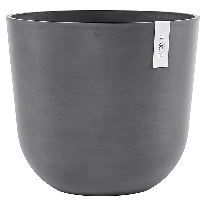 Ecopots Oslo Pflanztopf - Außenmaß (Ø x H): 45 x 39,4 cm, Kunststoff, Grau - Grauer Ecopot-Blumentopf in modernem Design mit dezentem Logo-Etikett, ideal für stilvolle Innenraumbegrünung.