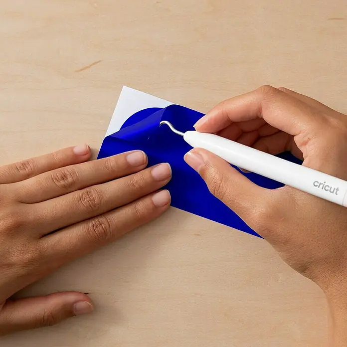 Cricut Joy Xtra Vinylfolie Smart Permanent - 3 -tlg., Pinwheel, 24,1 x 30,5 cm - Nahaufnahme einer Person, die mit einem Cricut Werkzeug blaue Vinylfolie auf einem hellen Holzuntergrund bearbeitet.