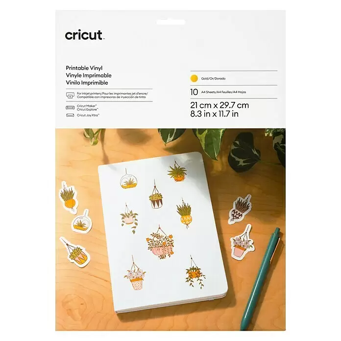 Cricut Vinylfolie Bedruckbar - 10 Stk., Gold, 21 x 29,7 cm - Cricut bedruckbares Vinyl, Gold, 10 A4-Blätter (21x29.7cm) für Tintenstrahldrucker. Pflanzensticker auf Notizbuch zeigen Anwendung.