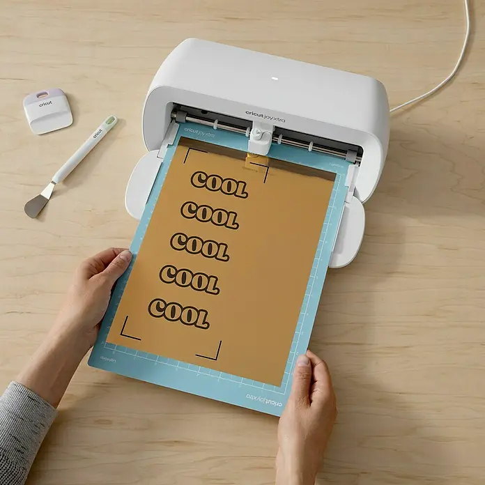 Cricut Vinylfolie Bedruckbar - 10 Stk., Gold, 21 x 29,7 cm - Nahaufnahme einer Cricut Joy Xtra Schneidemaschine, die ein cooles Design auf goldenem Material schneidet, Werkzeuge liegen daneben.
