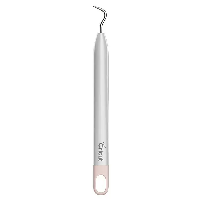 Cricut Joy Schneideplotter Starter Bundle - Bluetooth, Schnittbreite: 10,4 cm, Schnittlänge: 1,2 m - Weißes Cricut Entgitterwerkzeug mit gebogenem Silberhaken und hellrosa Schlaufengriff.
