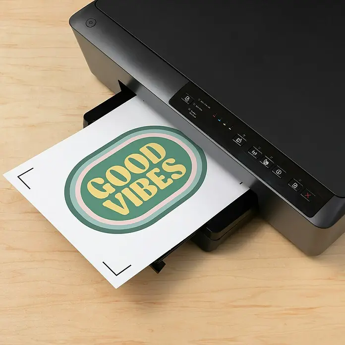 Cricut Aufbügelfolie Light Fabrics - 5 Stk., Weiß, L x B: 29,7 x 21 cm - Der Drucker druckt ein Blatt Papier mit dem Aufdruck "Good Vibes" auf einem hellbraunen Holztisch.