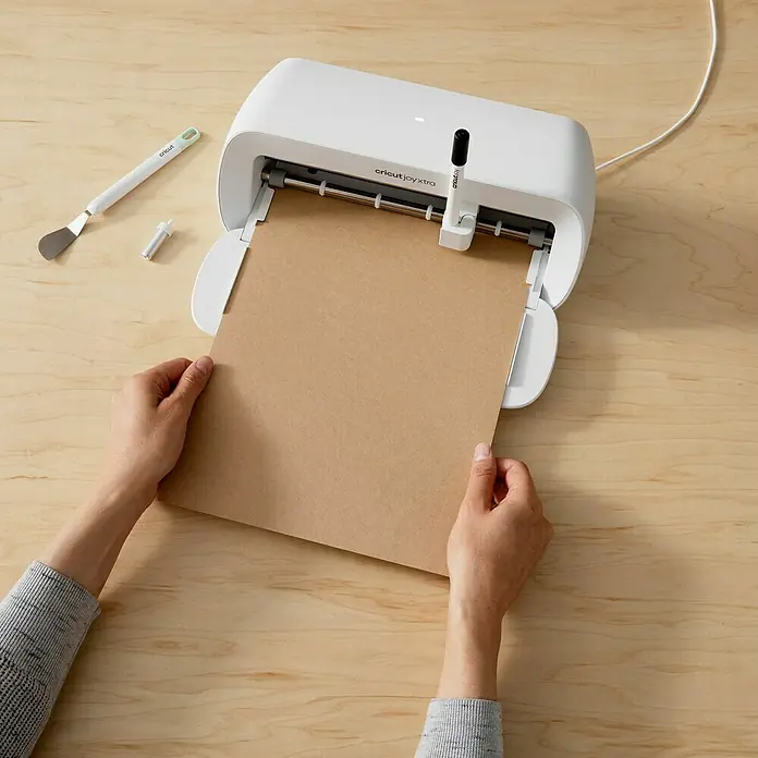 Cricut Joy Xtra Aufkleber Smart Label Paper Permanent - 4 Stk., Braun, 24,1 x 30,5 cm - Eine Person, die ein braunes Blatt in eine weiße Cricut Joy Xtra Schneidemaschine einführt, mit Zubehör auf einem Holztisch.