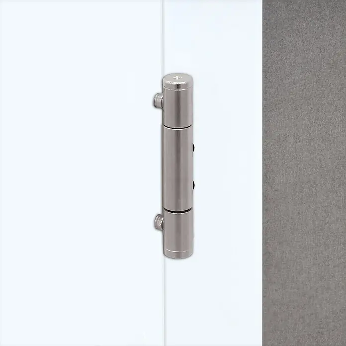 Invado Wohnungseingangstür FT1 - Klimaklasse nach RAL: II, 860 x 1.985 mm, DIN Anschlag: Rechts, Verkehrsweiß matt - Detailaufnahme eines Edelstahl-Türbandes, das an einer weißen Tür befestigt ist. Ein modernes und robustes Türband-Design.