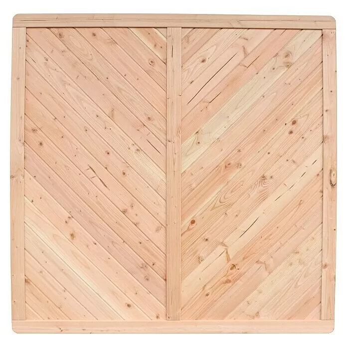 Joda Sichtschutzelement Montreal - 180 x 180 cm, Holz, Natur, Ohne Rankgitter - Hellholzplatte mit gerahmtem Fischgrätmuster. Naturholz mit deutlicher Maserung und Ästen.