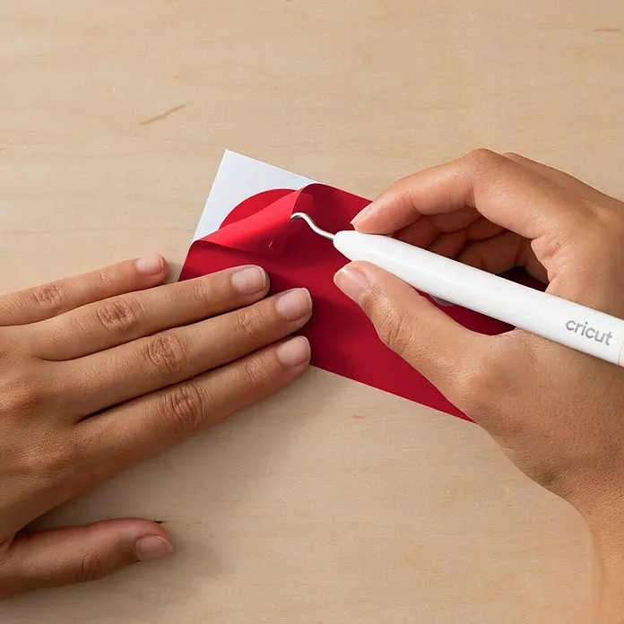 Cricut Joy Xtra Vinylfolie Smart Permanent - 1 Stk., Rot, 24,1 x 91,4 cm - Nahaufnahme eines Cricut-Werkzeugs, das zum Entfernen überschüssigen roten Vinyls von einer weißen Trägerfolie verwendet wird, auf einem Holztisch.