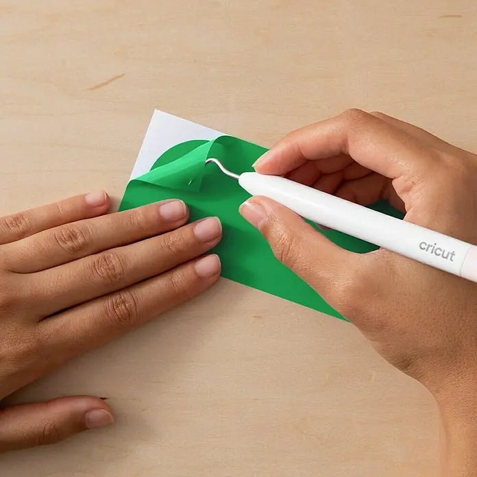 Cricut Joy Xtra Vinylfolie Smart Permanent - 3 -tlg., Summer, 24,1 x 30,5 cm - Nahaufnahme eines Cricut Werkzeugs, das verwendet wird, um grüne Vinylfolie von einem weißen Trägerpapier zu entfernen.