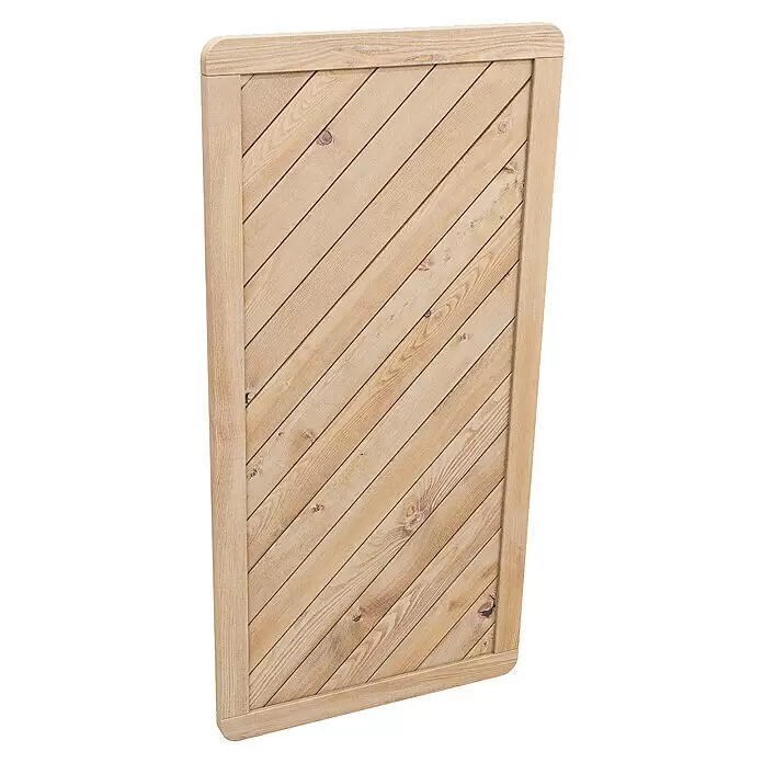 Joda Sichtschutzelement Montreal - 90 x 180 cm, Holz, Natur, Ohne Rankgitter - Helles Holzpaneel mit diagonalen Lamellen, massivholzgerahmt.