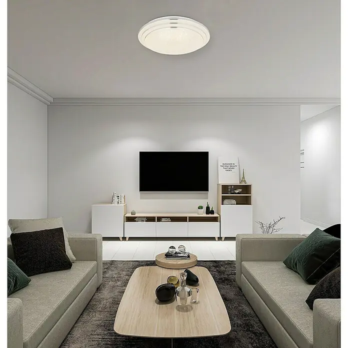 Globo LED-Deckenleuchte rund Aley - 18 W, Mehrfarbig, Weiß, Ø x H: 40 x 9,5 cm - Eine moderne Deckenleuchte in einem Wohnzimmer. Die Leuchte ist rund und hell und sorgt für eine angenehme Atmosphäre.
