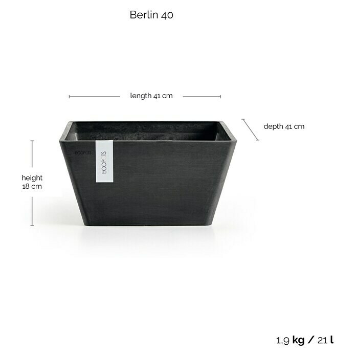 Ecopots Berlin Pflanzschale eckig (Außenmaß (L x B x H): 41 x 41 x 18 cm, Kunststoff, Dunkelgrau) | BAUHAUS