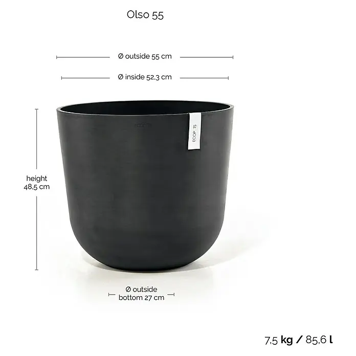 Ecopots Oslo Pflanztopf - Außenmaß (Ø x H): 55 x 48,5 cm, Kunststoff, Dunkelgrau - Abbildung eines schwarzen Olso 55 Pflanzgefäßes mit Maßangaben zu Höhe, oberem Durchmesser und Durchmesser des Bodens.