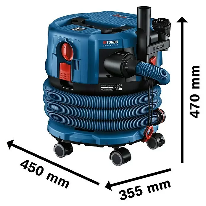 Bosch Professional AMPShare 18V Akku-Nass-Trockensauger GAS 18V-12 MC - Ohne Akku, 18 V, Behältervolumen: 12 l - Blauer und schwarzer Bosch BITURBO BRUSHLESS Akku-Sauger mit blauer Schlauchrolle auf Rädern, Maße 450x355x470 mm.
