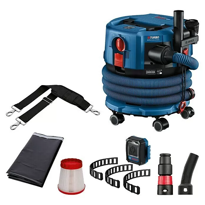 Bosch Professional AMPShare 18V Akku-Nass-Trockensauger GAS 18V-12 MC - Ohne Akku, 18 V, Behältervolumen: 12 l - Blauer Bosch Nass-/Trockensauger mit Schlauch, Rädern und Zubehör wie Tragegurt, Filter, Fernbedienung und Düsen.