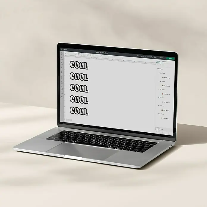 Cricut Vinylfolie Bedruckbar - 10 Stk., Gold, 21 x 29,7 cm - Nahaufnahme eines Laptops, auf dessen Bildschirm das Wort "COOL" in verschiedenen Designs angezeigt wird.