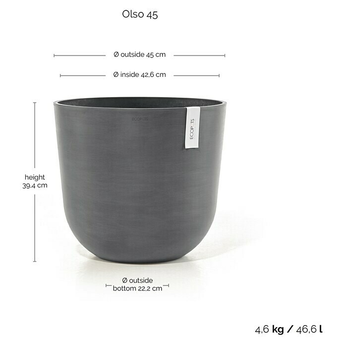 Ecopots Oslo Pflanztopf (Außenmaß (Ø x H): 45 x 39,4 cm, Kunststoff, Grau) | BAUHAUS