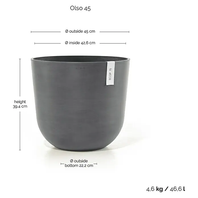 Ecopots Oslo Pflanztopf - Außenmaß (Ø x H): 45 x 39,4 cm, Kunststoff, Grau - Abbildung eines grauen "Olso 45" Pflanzgefäßes mit Größenangaben. Durchmesser oben: 45 cm, Höhe: 39,4 cm, Durchmesser unten: 22,2 cm.