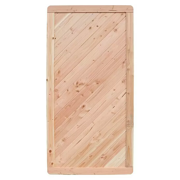 Joda Sichtschutzelement Montreal - 90 x 180 cm, Holz, Natur, Ohne Rankgitter - Helle Kiefernholzplatte mit diagonalen Brettern, umrahmt von geraden Brettern.