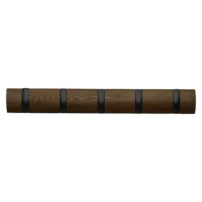 Umbra Garderobenleiste Flip - L x B x H: 51 x 2,5 x 7,6 cm, Anzahl Haken: 5 Stk., Walnuss - Eine hölzerne Wandgarderobe mit ausklappbaren Haken, ideal für Jacken und Mäntel im Flur oder Eingangsbereich. Praktisch und platzsparend.
