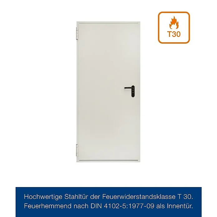 Hörmann Brandschutztür H8-5 - 87,5 x 187,5 cm, Links/Rechts, Grauweiß - Bild einer T30 Brandschutztür aus Stahl, ideal für Innenräume, feuerhemmend nach DIN 4102-5:1977-09.