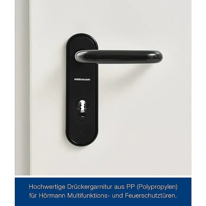 Hörmann Brandschutztür H8-5 - 87,5 x 187,5 cm, Links/Rechts, Grauweiß - Schwarze Türgarnitur von Hörmann, gefertigt aus robustem Polypropylen, ideal für Multifunktions- und Feuerschutztüren.