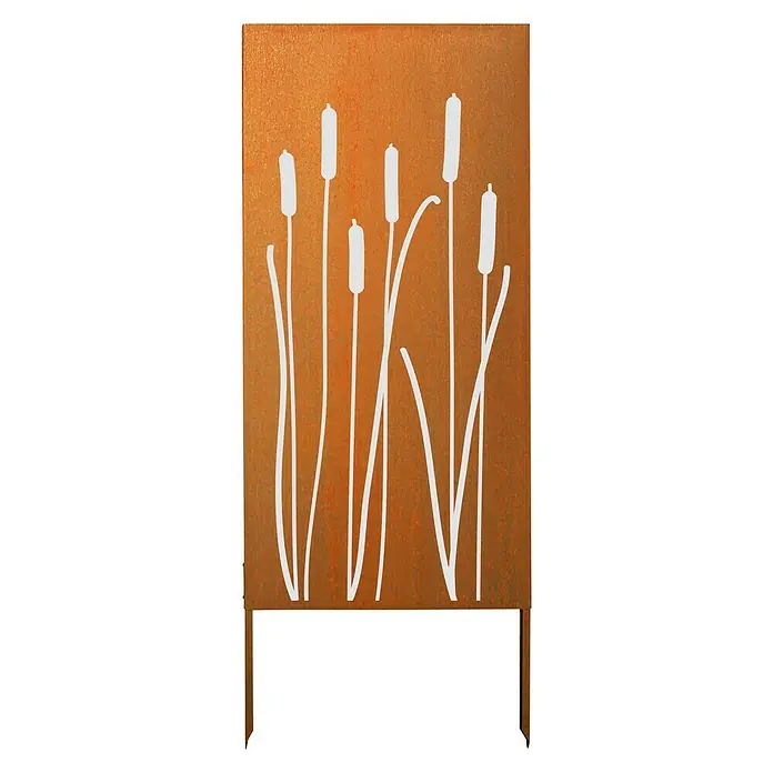 Palatino Space Vertical Sichtschutzelement Litore - 87 x 180 cm, Edelrost, Litore - Ein dekoratives Gartenpaneel mit stilisierten Rohrkolben in Weiß auf einem rostfarbenen Hintergrund, das einen modernen Touch verleiht.
