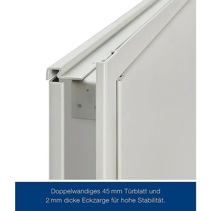 Hörmann Brandschutztür H8-5 - 87,5 x 187,5 cm, Links/Rechts, Grauweiß - Detailansicht eines doppelwandigen 45 mm Türblatts mit einer 2 mm dicken Eckzarge für hohe Stabilität.