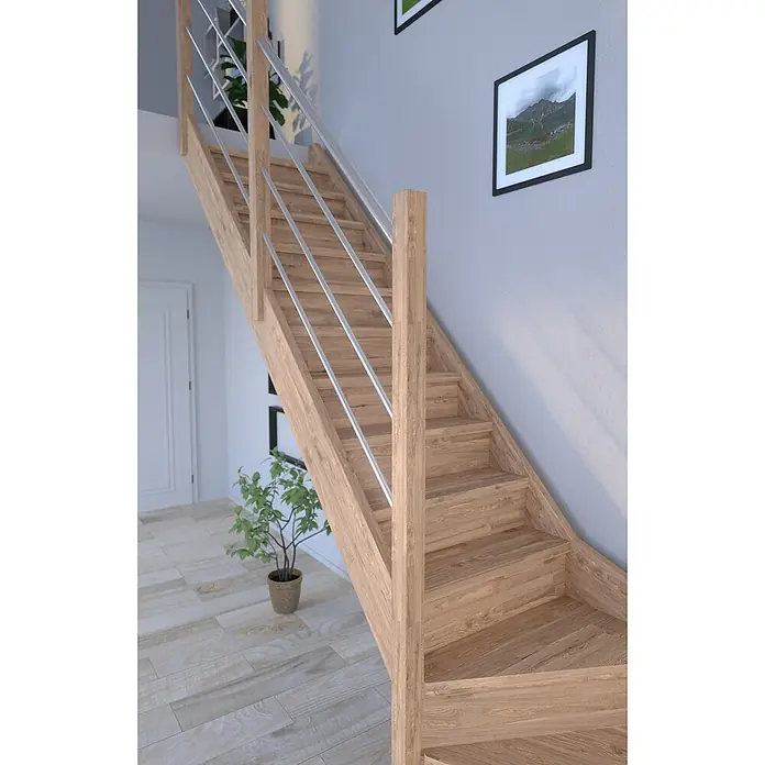 Starwood Raumspartreppe Rhodos - Breite: 80 cm, Eiche, Geschosshöhe: 300 cm, 1/4-gewendelt rechts, Montageseite Geländer: Rechts, Geländer Holz/Edelstahl, Mit Setzstufen - Eine moderne Holztreppe mit Edelstahlgeländer, die einen hellen und einladenden Eindruck vermittelt.