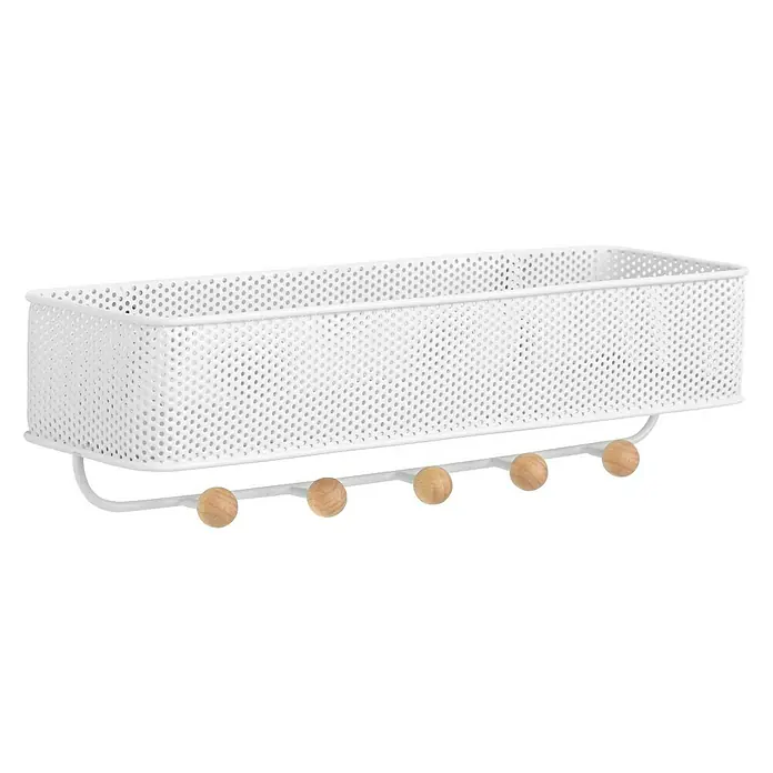 Umbra Schlüsselbrett Estique - L x B x H: 32 x 9,5 x 9,5 cm, Anzahl Haken: 5 Stk., Weiß - Wandorganizer mit Metallkorb und Holzknöpfen für Schlüssel und kleine Gegenstände. Ideal für Flur oder Küche.