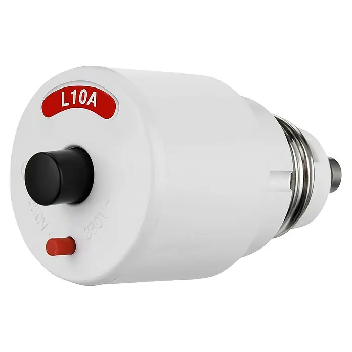 Schraubautomat - 10 A, 250 V - 380 V - Eine Nahaufnahme einer weißen L10A-Sicherung mit schwarzem Knopf und rotem Knopf, die ein elektrisches Produkt zur Absicherung darstellt.