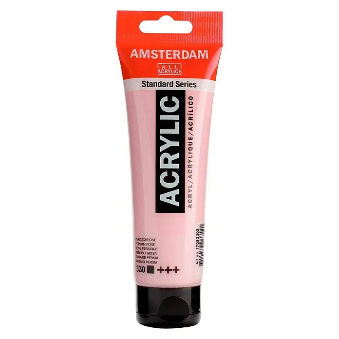 Talens Amsterdam Pintura acrílica Standard - Rosa de Persia, 120 ml, Tubo - Primer plano de un tubo de pintura acrílica Serie Estándar Amsterdam en rosa persa para artistas.