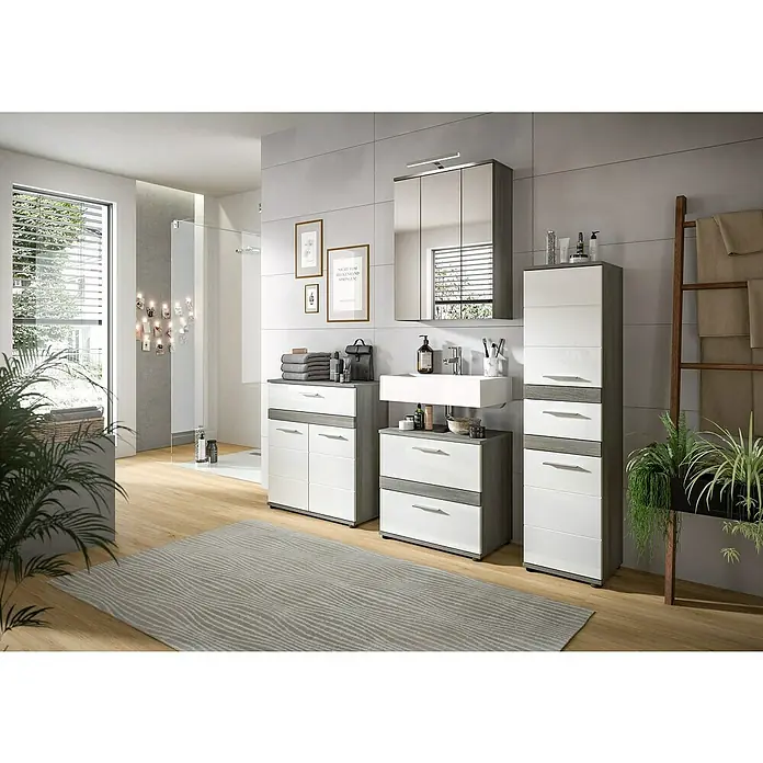 xonox.home Blake Badmöbel-Set Blake - 60 cm, Weiß/Rauchsilber, Glänzend, Ohne Beleuchtung, 2 -tlg., 2 Schubladen - Modernes Badezimmer-Set mit Waschbecken, Schrank, Spiegel und Handtuchhalter für ein stilvolles und funktionales Bad.